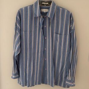 Vintage 80s John Henry Women Button Down Shirt Blouse Western Stripe Blue Tan L